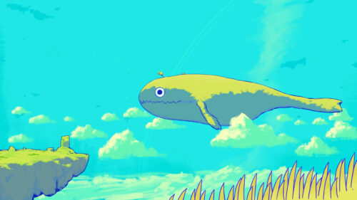 Surreal Giant Flying Whale Over Floating Island Fantasy Art Desktop Wallpaper