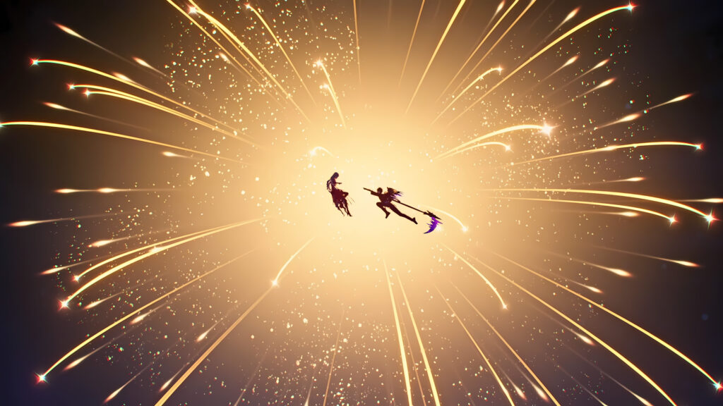 Epic Anime Duel Between Two Silhouette Warriors Amidst Golden Fireworks 4K Desktop Wallpaper