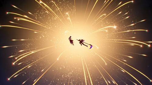 Epic Anime Duel Between Two Silhouette Warriors Amidst Golden Fireworks 4K Desktop Wallpaper