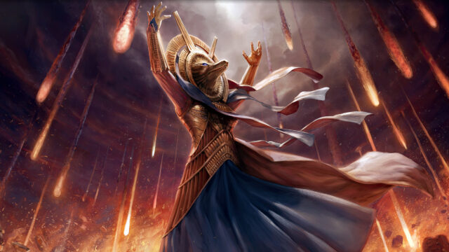 Egyptian God Goddess Amidst Fiery Meteor Shower 4K Desktop Wallpaper