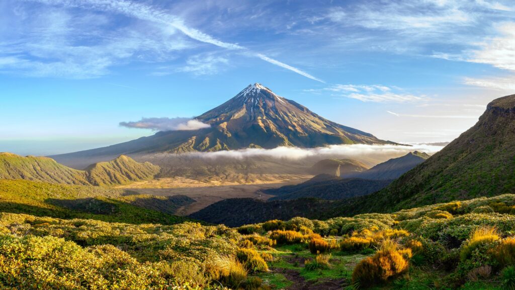 Majestic Mount Taranaki Panoramic View at Sunrise 4K Desktop Wallpaper