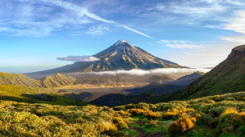 Majestic Mount Taranaki Panoramic View at Sunrise 4K Desktop Wallpaper