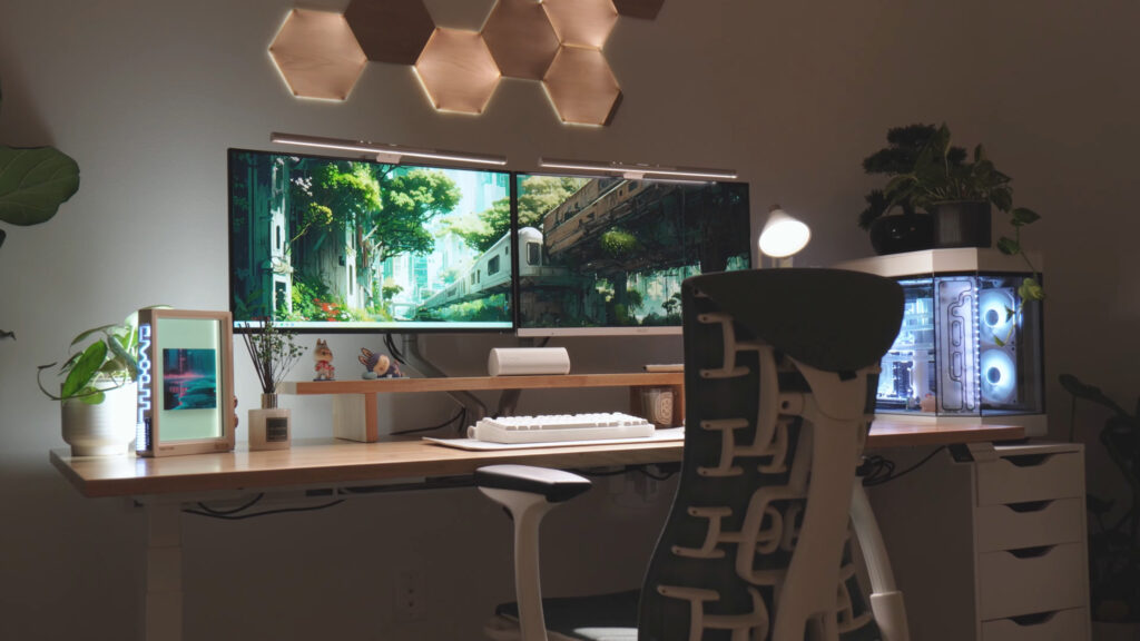 Post-Apocalyptic Anime Nature Cityscape Dual Monitor Setup Desktop Wallpaper