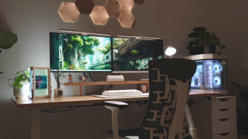 Post-Apocalyptic Anime Nature Cityscape Dual Monitor Setup Desktop Wallpaper