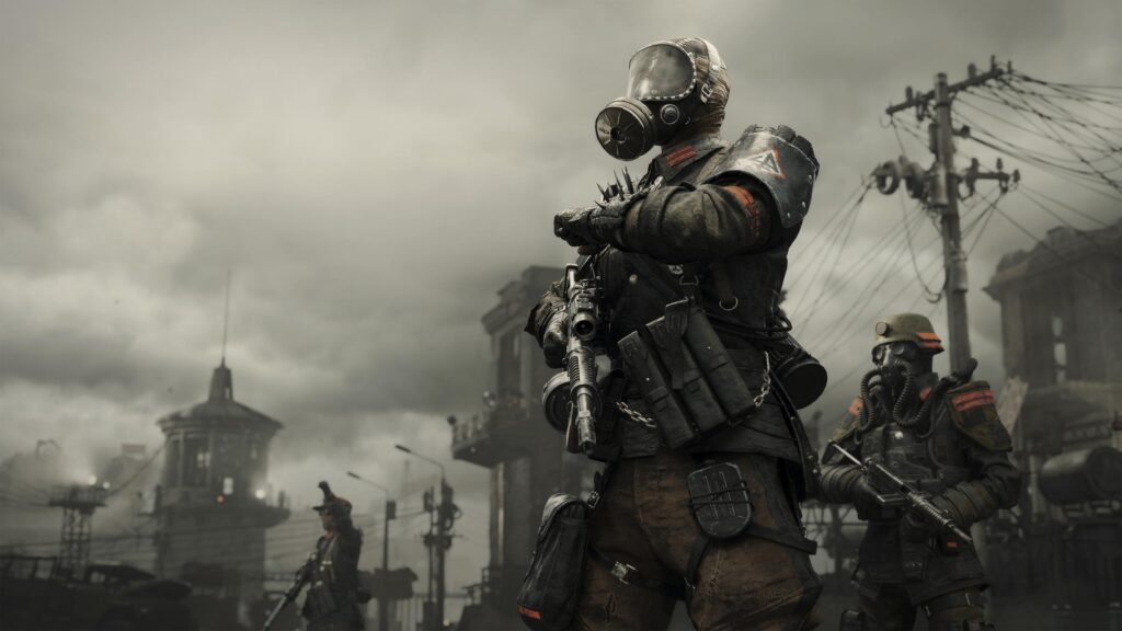 Post-Apocalyptic Soldiers in Gas Masks Combat Scene 4K Desktop Wallpaper