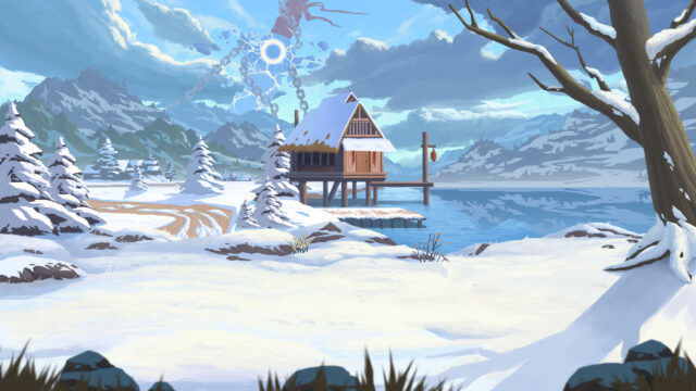 Stilt House in Snowy Mountain Landscape with Celestial Rift Desktop Wallpaper