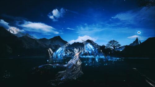 Ethereal Angelic Figure with Glowing Blue Wings Fantasy 4K Desktop Wallpaper