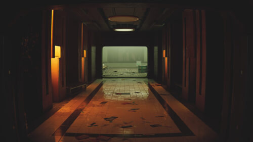 Eerie Sci-Fi Corridor with Silhouette 4K Desktop Wallpaper
