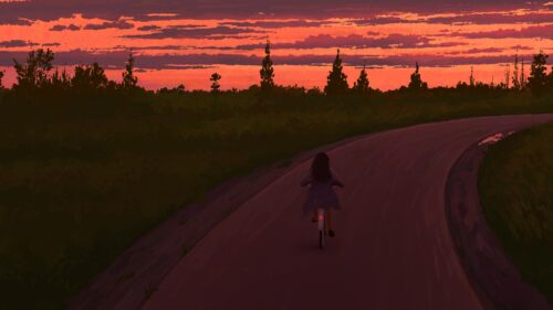 Anime Girl Cycling on a Country Road During a Vibrant Sunset PC Wallpaper