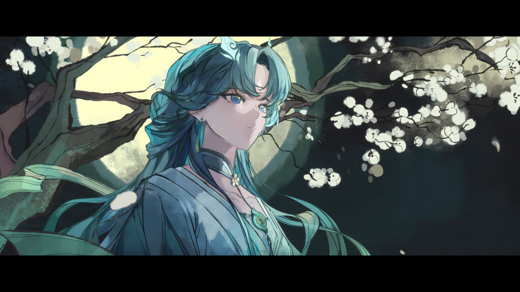 Stunning Anime Girl Under Moonlit Cherry Blossom Tree Desktop Wallpaper