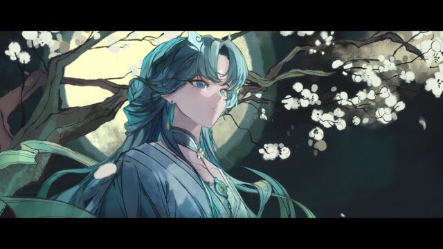 Stunning Anime Girl Under Moonlit Cherry Blossom Tree Desktop Wallpaper