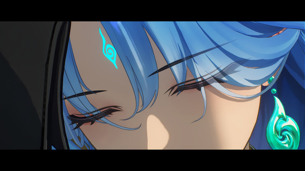 Close-up Anime Girl with Blue Hair and Glowing Symbols Desktop Wallpaper