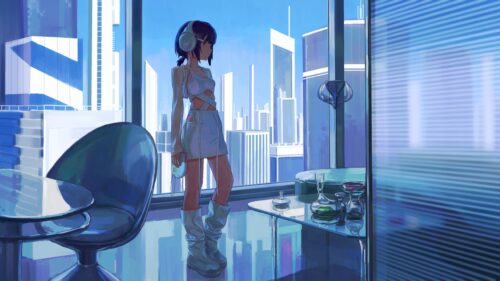 Anime Girl in Futuristic Cityscape Room 4K Desktop Wallpaper