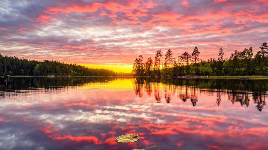Stunning Sunset Over Serene Forest Lake 4K Desktop Wallpaper