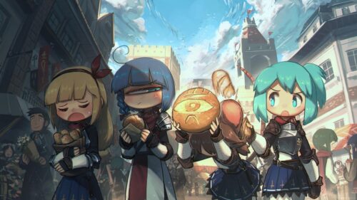 Anime Girls Eating Bread in Fantasy Medieval Town 4K Desktop Wallpaper