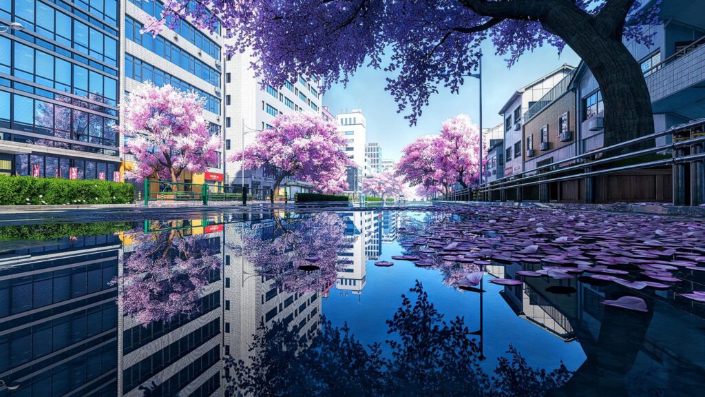 Stunning Anime Streetscape with Cherry Blossom Reflection 4K Wallpaper