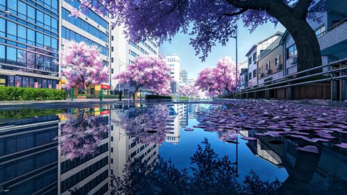 Stunning Anime Streetscape with Cherry Blossom Reflection 4K Wallpaper