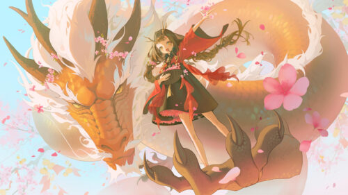 Anime Girl with Golden Dragon and Cherry Blossoms 4K Desktop Wallpaper