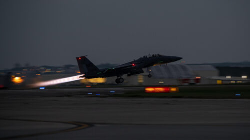 F-15E Strike Eagle Jet Taking Off at Twilight 4K Desktop Wallpaper