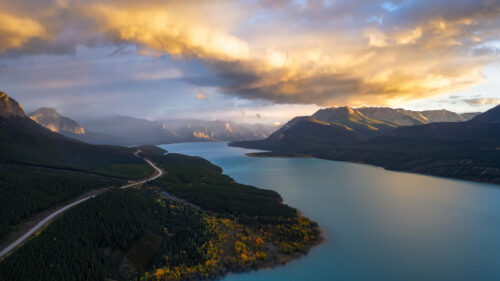 Stunning Abraham Lake Mountain Sunset Aerial View 4K Wallpaper