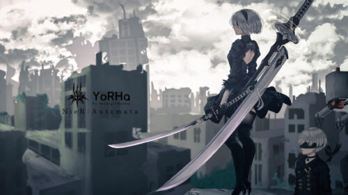 2B and 9S Standing Amidst Ruined Cityscape NieR Automata Desktop Wallpaper