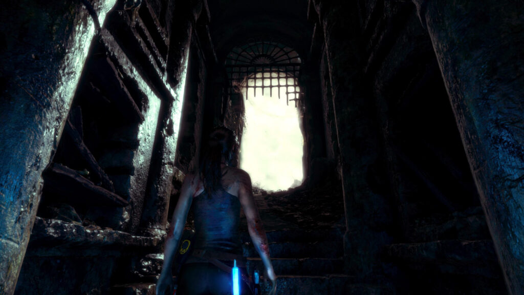 Lara Croft Exploring Ancient Dark Dungeon Ruins 4K PC Wallpaper