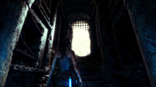 Lara Croft Exploring Ancient Dark Dungeon Ruins 4K PC Wallpaper