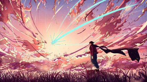 Anime Warrior Standing Under a Cosmic Sky 4K Desktop Wallpaper