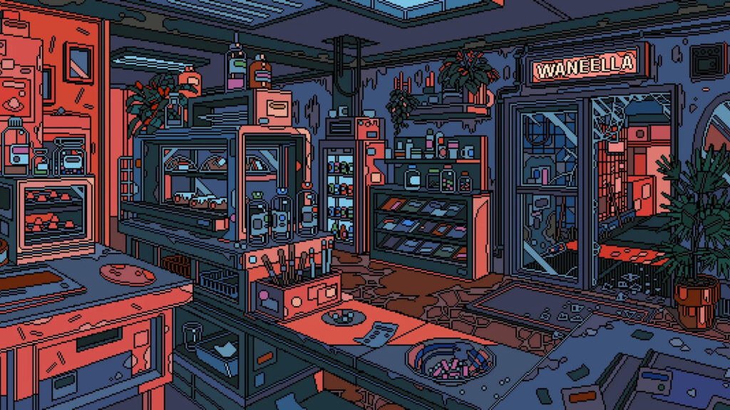 Cozy Retro Pixel Art Convenience Store Interior 4K PC Wallpaper