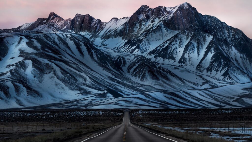 Snow Covered Sierra Nevada Mountains Scenic Road Desktop Wallpaper
