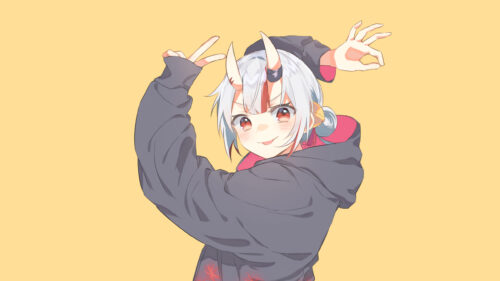 Cute Anime Girl with Horns in Oversized Hoodie Desktop Wallpaper