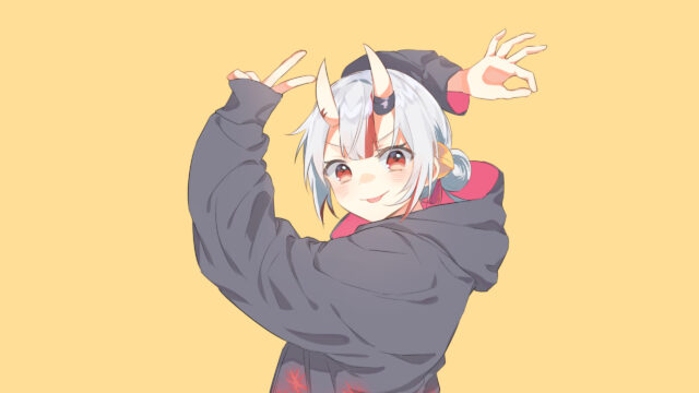 Cute Anime Girl with Horns in Oversized Hoodie Desktop Wallpaper