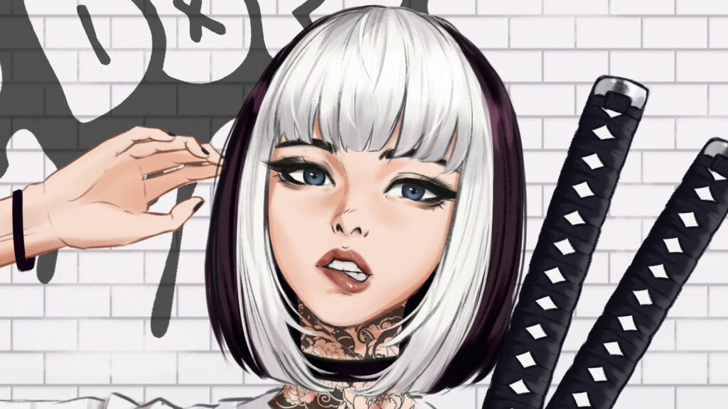 Anime Girl with White Bob Hair and Katana Swords Desktop Wallpaper