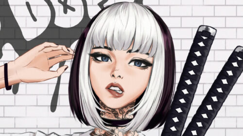 Anime Girl with White Bob Hair and Katana Swords Desktop Wallpaper