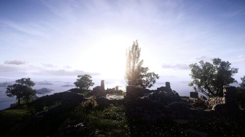 Ancient Greek Ruins Overlooking the Aegean Sea at Sunset 4K Desktop Wallpaper