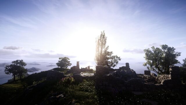 Ancient Greek Ruins Overlooking the Aegean Sea at Sunset 4K Desktop Wallpaper
