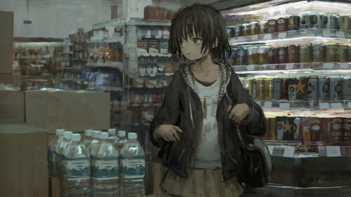 Melancholic Anime Girl in a Convenience Store Aesthetic Desktop Wallpaper