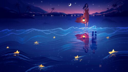 Dreamy Night Ocean Reflection with Lovers Lantern Glow Desktop Wallpaper