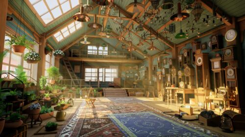 Cozy Greenhouse Attic Studio with Antique Clocks Desktop Wallpaper