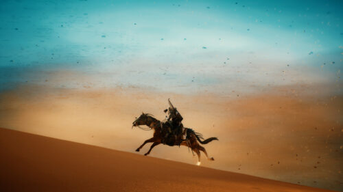 Assassin Riding Horse Across Vast Desert Landscape 4K Wallpaper