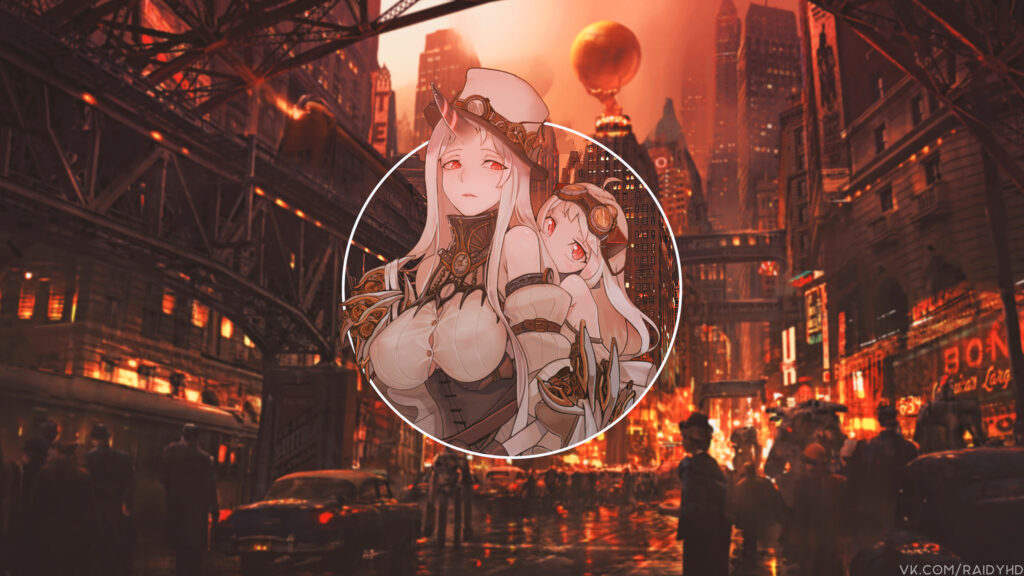 Anime Steampunk Girls in Retro Cityscape 4K Desktop Wallpaper