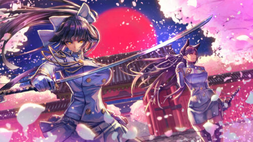 Anime Samurai Girls with Katanas Under Cherry Blossoms PC Wallpaper