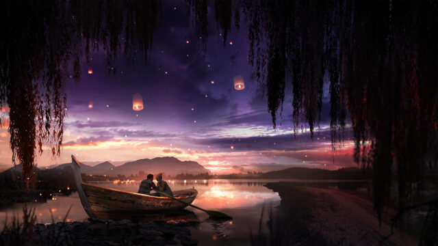 Romantic Couple in a Boat Under Floating Lanterns Desktop Wallpaper