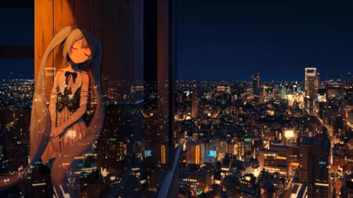 Anime Girl Sleeping by Night City Window 4K Desktop Wallpaper