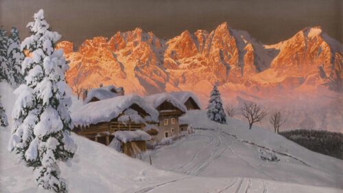 Stunning Alpine Village Sunset Over Snow Covered Mountains Desktop Wallpaper