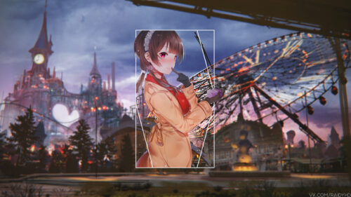 Anime Girl in Trench Coat at Carnival Sunset 4K PC Wallpaper