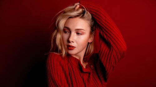 Beautiful Blonde Woman in Red Sweater Aesthetic 4K Desktop Wallpaper