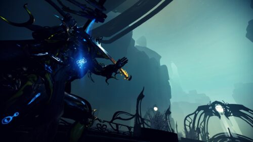 Warframe Cybernetic Warrior in Mysterious Alien Landscape PC Wallpaper