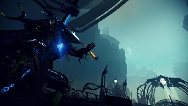 Warframe Cybernetic Warrior in Mysterious Alien Landscape PC Wallpaper