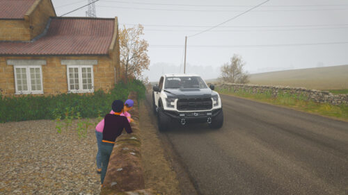 White Ford F-150 Raptor Parked by a Rural Cottage Desktop Wallpaper